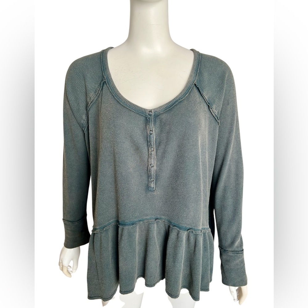 Free People Women Coastline Peplum Long Sleeve Top Blouse Size M Green Blue Boho - Picture 2 of 8